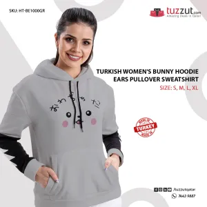 Turkish Women's Bunny Hoodie Ears Pullover Sweatshirt-Grey