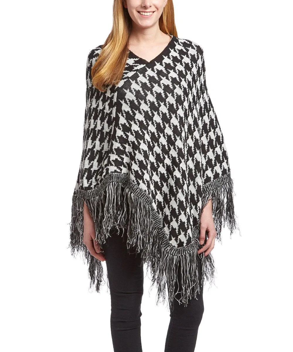 Warm Knit Womens Houndstooth Cape Batwing Fringe Tassels Poncho