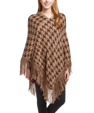 Warm Knit Womens Houndstooth Cape Batwing Fringe Tassels Poncho