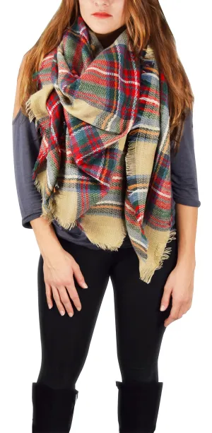 Warm Tartan Plaid Woven Oversized Fringe Scarf Blanket Shawl Wrap Tan Red