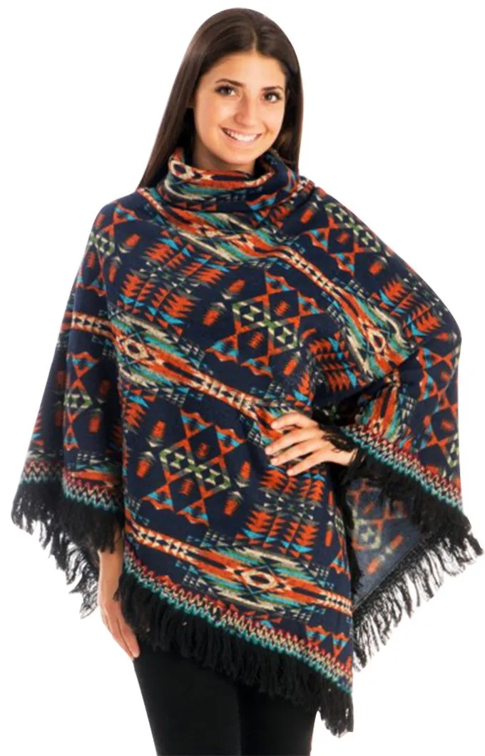 Warm Turtleneck Tribal Geometric Knit Fringe Wrap Shawl Poncho