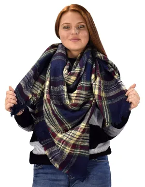 Warm Woven Oversized Tartan Plaid Blanket Scarf Shawl Brown Navy