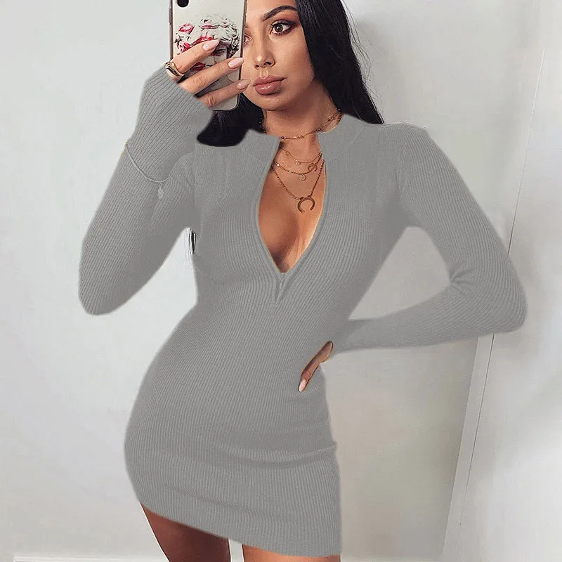 Winter Formal Dresses Fall Winter Fashion Long Sleeve Dress Zipper Hip Skirt