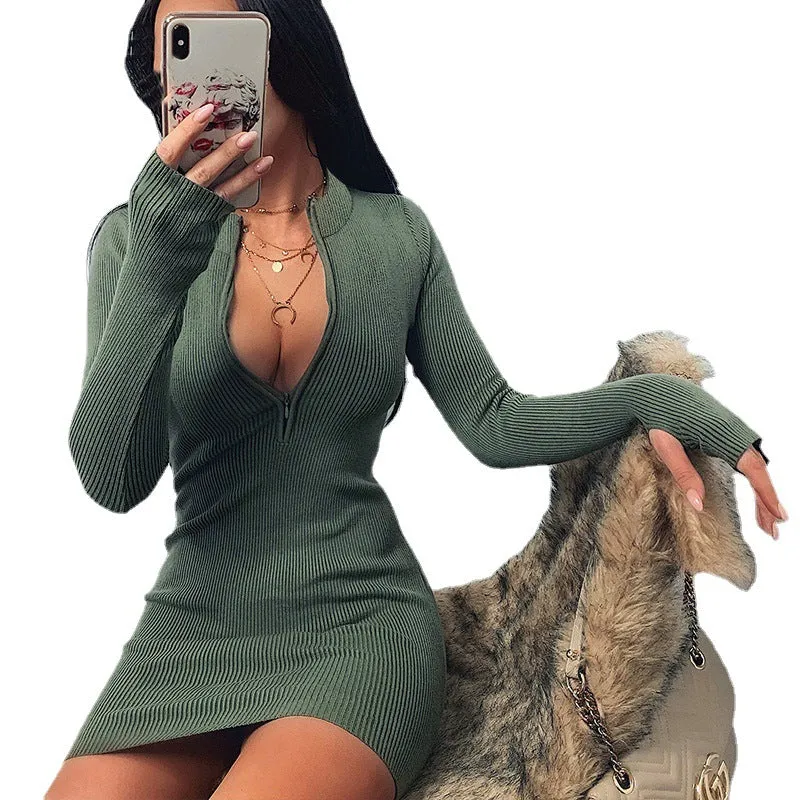 Winter Formal Dresses Fall Winter Fashion Long Sleeve Dress Zipper Hip Skirt