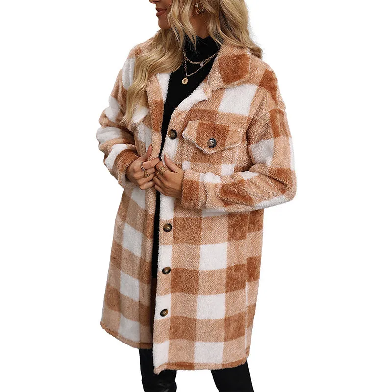 Women Autumn Winter New Design Casual Faux Shearling Midi Long Plaid Shirt Coats