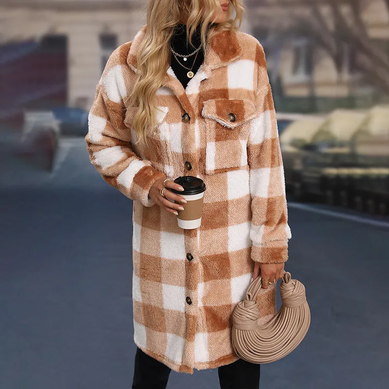 Women Autumn Winter New Design Casual Faux Shearling Midi Long Plaid Shirt Coats