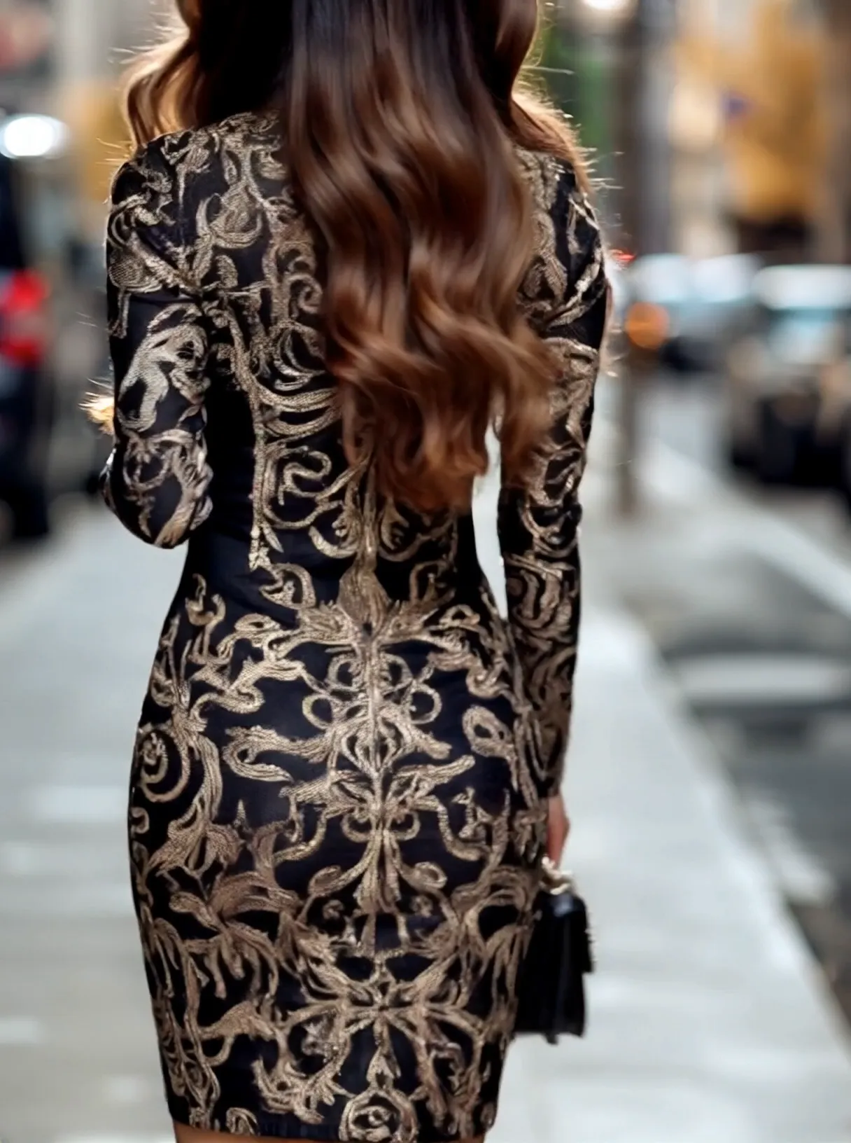 Women Baroque Pattern Mock Neck Bodycon Dress