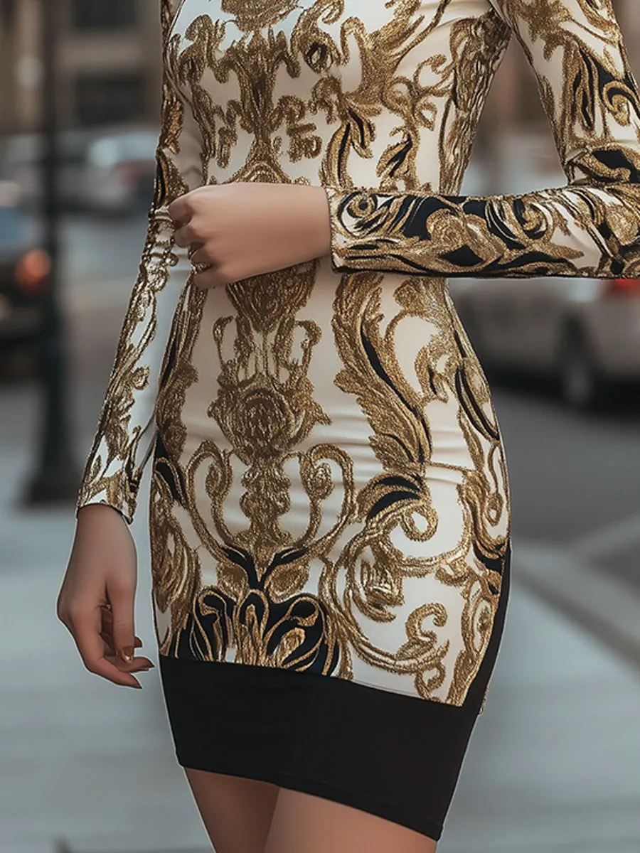 Women Baroque White and Gold Mini Dress