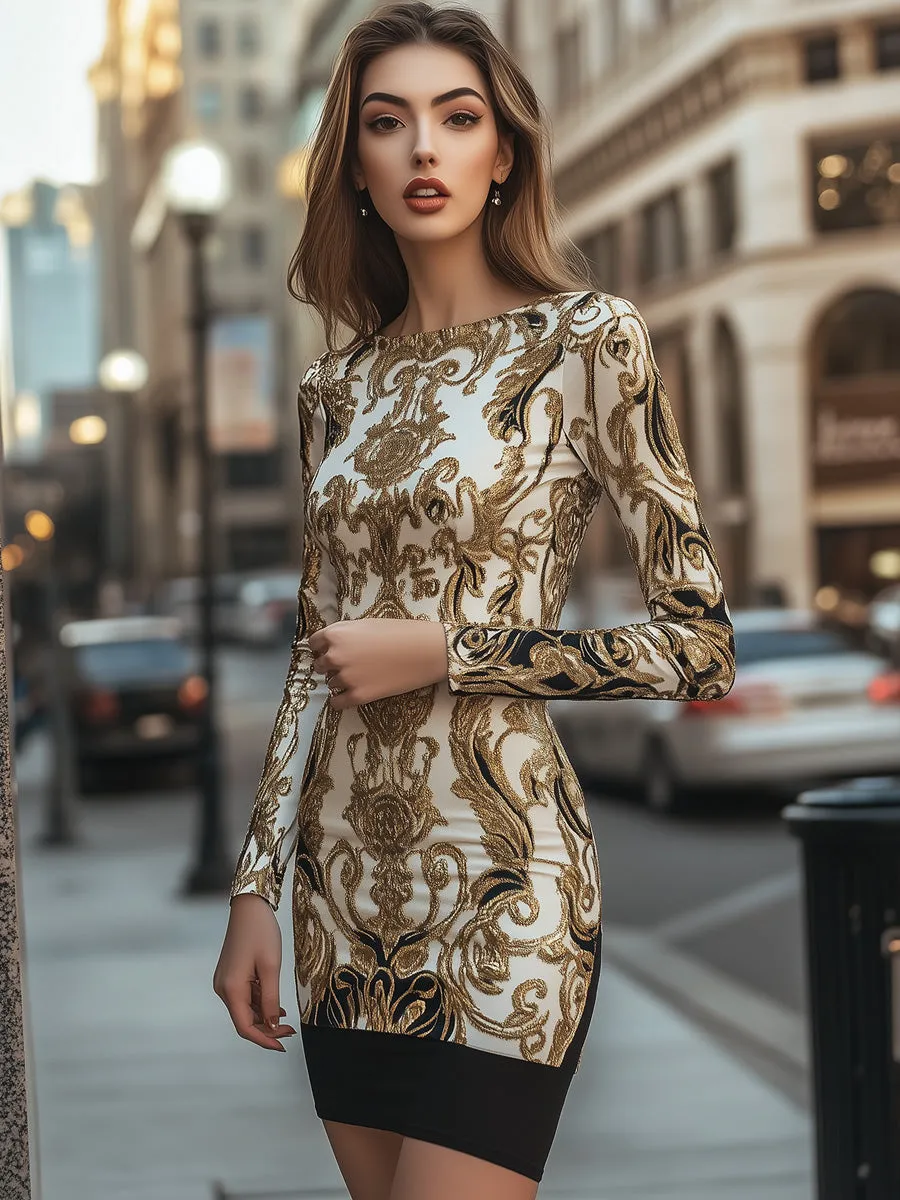 Women Baroque White and Gold Mini Dress