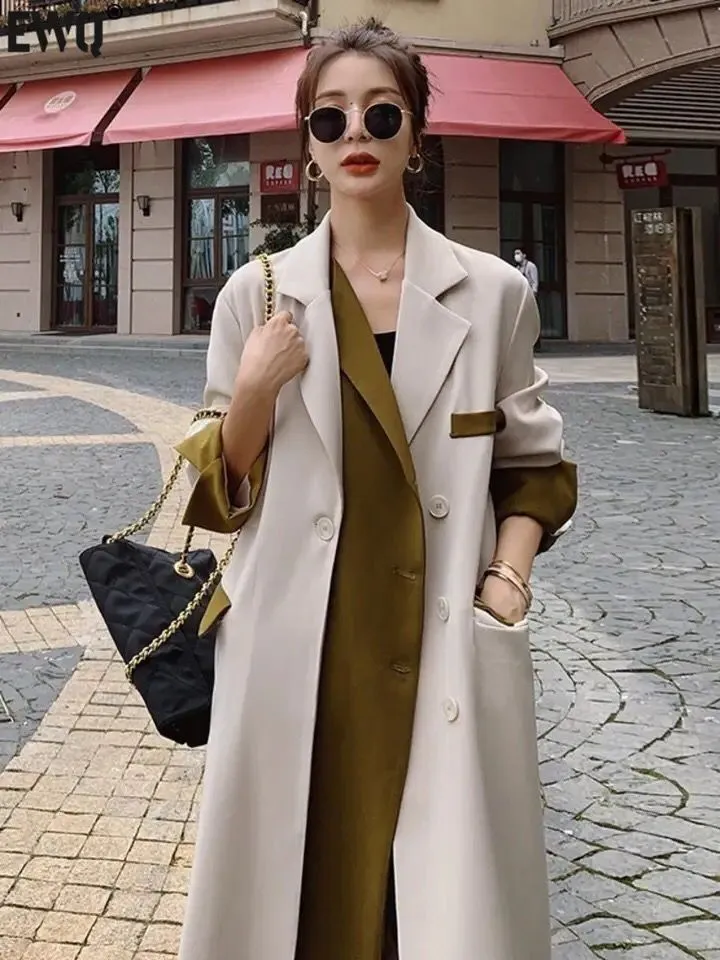 Women Trench Coat Color-block Patchwork Design Lapel Single Breasted Casual Loose Women High Quality Windbreaker Overcoat S4748063