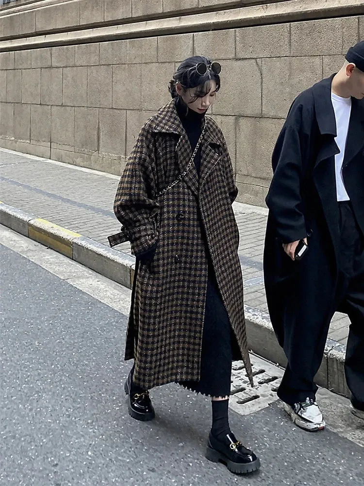 Women's Plaid Long Woolen Trench Coat Jacket