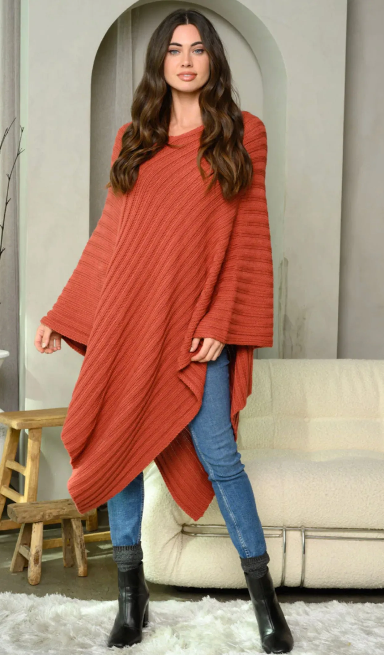 WOMEN'S RIBBED LONG PONCHO SWEATER, Small - Large