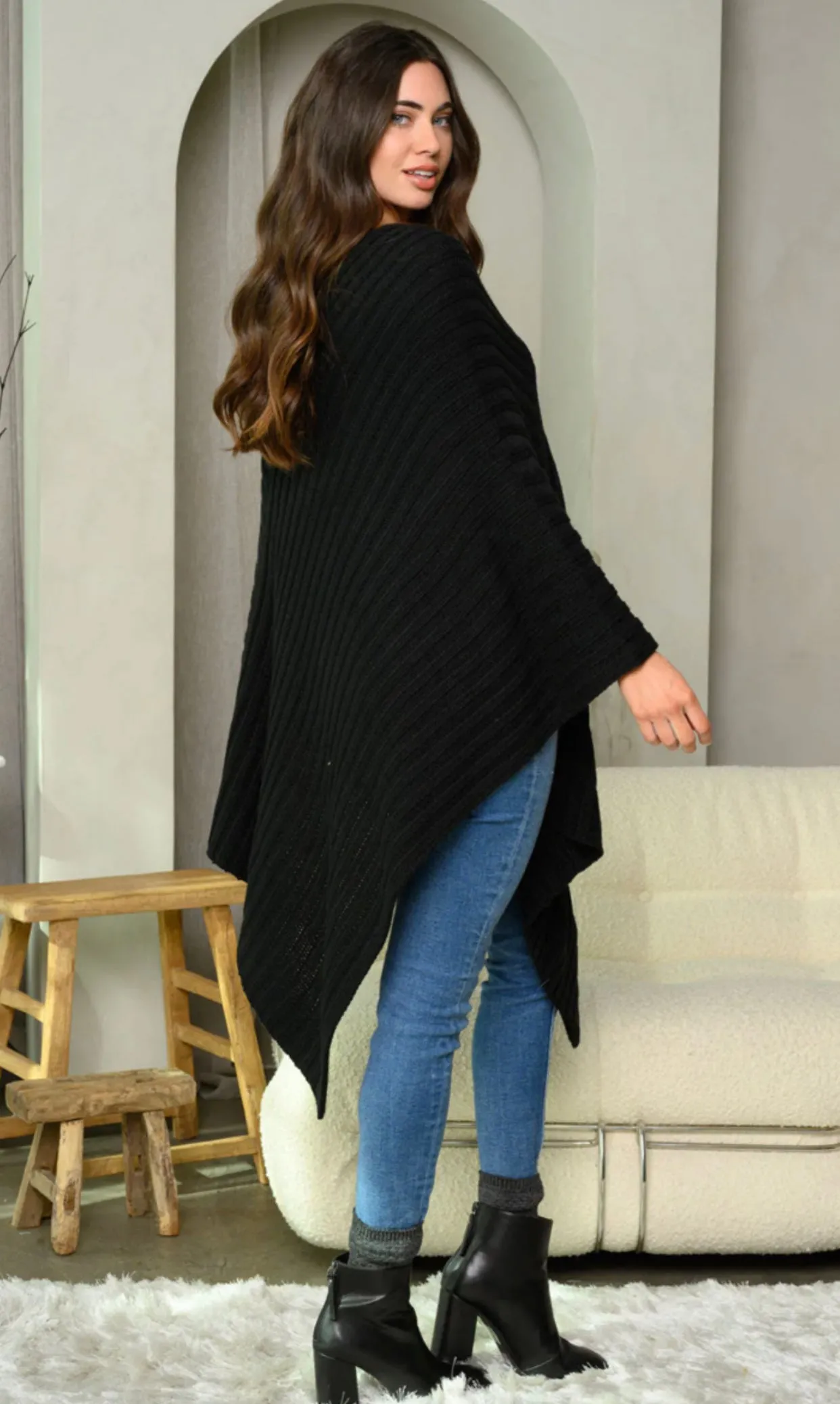 WOMEN'S RIBBED LONG PONCHO SWEATER, Small - Large