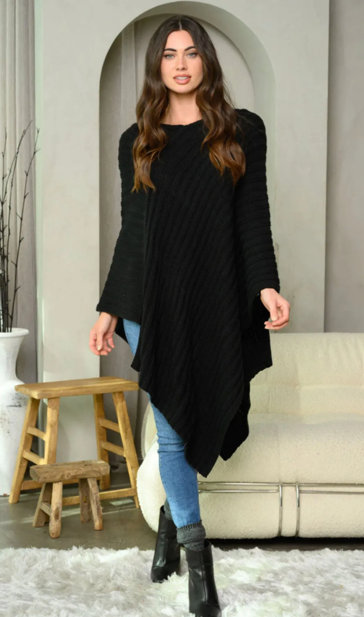 WOMEN'S RIBBED LONG PONCHO SWEATER, Small - Large