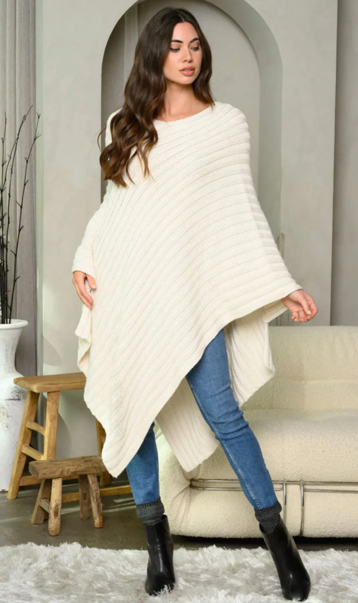 WOMEN'S RIBBED LONG PONCHO SWEATER, Small - Large