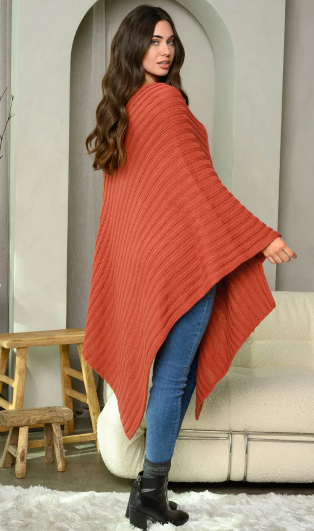 WOMEN'S RIBBED LONG PONCHO SWEATER, Small - Large